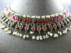 XL LARGE ANTIQUE RUBY & PEARL 18K YELLOW GOLD & SILVER INDIAN CLEOPATRA NECKLACE | eBay