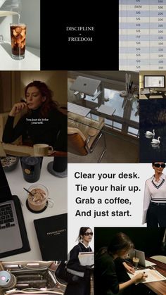 the collage shows people working on their laptops and drinking coffee in front of them