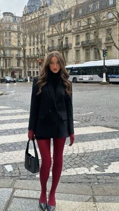 Burgundy Thighs Outfit, Burgundy Socks Outfit, Wine Red Skirt Outfit, Outfits With Black Stockings Tights, Christmas Outfit Skirt, Red Leggings Outfit Winter, Cherry Tights Outfit