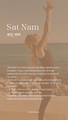 The image shows a photo of a girl in a yoga pose with overlay text explaining the Sat Nam mantra that is often translated as "Truth is my identity" or "Truth is my name." Sat Nam Meaning, Yoga Names, Yoga Sanskrit Quotes, Yoga Poetry, Meditation Mantras Sanskrit, Yoga Nidra Quotes, Yoga Sanskrit, Yoga Post, Yoga Asanas Names Sanskrit