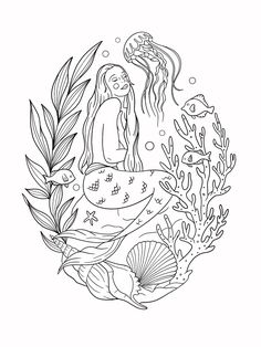 a mermaid sitting on top of a rock surrounded by seaweed and other marine life