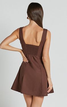 Adiana Mini Dress - Linen Look Square Neck Shirred Back A Line Dress in Chocolate Square Top Dress, Square Top, Mini Sundress, Dress Linen, Line Dress, Linen Dresses, Top Dress, Square Neck, Sundress