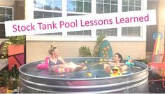 a group of people sitting in a pool with toys around them and a sign that says stock tank pool lessons learned