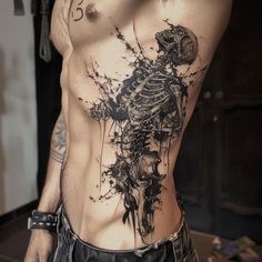 Premium Rib Tattoos For Men Tattoo Files Unique Male Tattoos Ideas, Skeletal Back Tattoo, Boxed In Tattoos, Above Collar Bone Tattoo, Single Needle Tattoo Men, Natural History Tattoo, Cold Tattoo Ideas, Subtle Color Tattoo, Tattoos On One Side