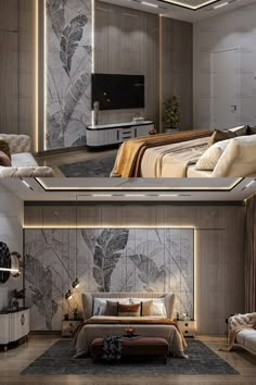 two pictures of a modern bedroom with marble walls