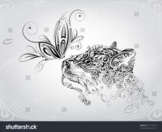 a black and white drawing of a fish with swirls on it's tail