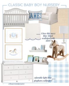 a baby's nursery room with blue and white accents, including a rocking horse