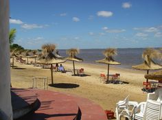 the beach is lined with umbrellas and chairs