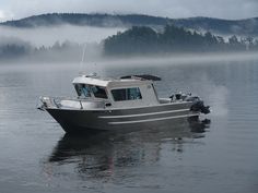 a boat floating on top of a lake surrounded by fog and trees in the background