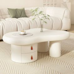 a living room with a white couch, coffee table and plant in the centerpiece