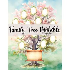 the family tree printable is displayed on a watercolor background with an empty sign