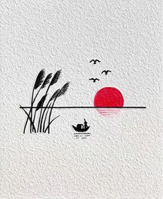 an image of a boat in the water with birds flying over it and reeds