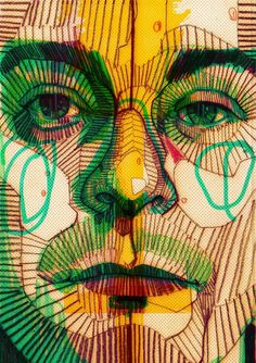 a drawing of a man's face with green and yellow lines on the side