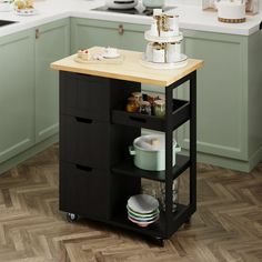 a kitchen island cart with food on it in the middle of a floored kitchen