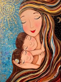 a painting of a woman holding a baby in her arms with stars and moon in the background