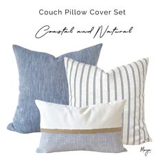 three blue and white striped pillows with the text couch pillow cover set console and natural