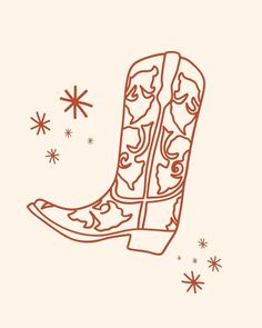 a drawing of a cowboy boot with snowflakes on the side and stars in the background