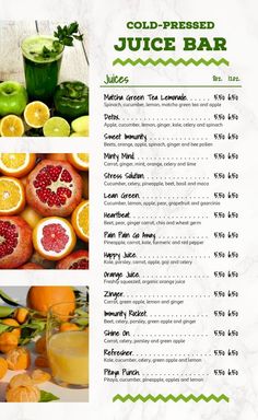 a menu for juice bar with oranges, lemons and other fruit on it