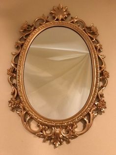 an ornate gold framed mirror hanging on the wall