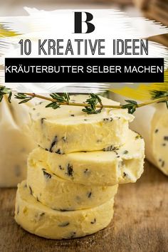 several pieces of cheese stacked on top of each other with the words 10 kreative iden