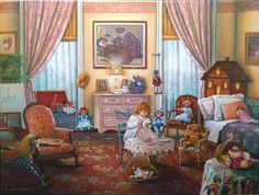 a painting of a child's bedroom with teddy bears on the bed and other furniture