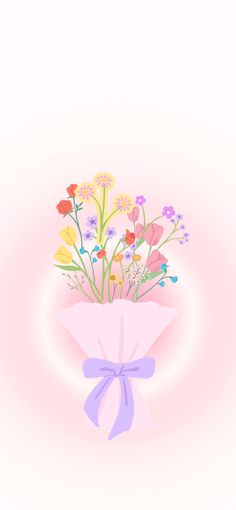 a bouquet of colorful flowers in a pink paper wrapper on a white background with a purple ribbon