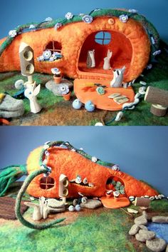 there are two pictures of a fake house made out of carrots and other stuff