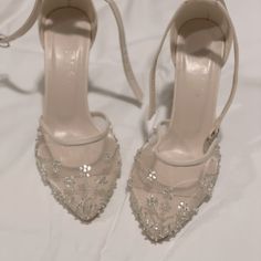 These Are Handmade Jeweled Wedding Shoes. Size 37 (7). 3 Inch Heel And From 9 To 10 1/2 Inch Ankle Circumference. Never Worn. Vintage Bride Shoes, Wedding Lace Heels, Fairytale High Heels, Wedding Heels Floral, Open Toed Wedding Shoes, Beaded Wedding Shoes, White Heels Elegant, Fairycore Wedding Shoes, Wedding Shoes Reception