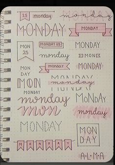 a notebook with some writing on it and the words monday written in pink markers