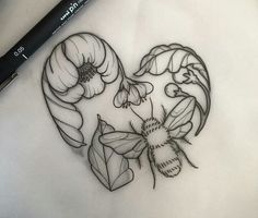 a drawing of a heart with flowers and a bee