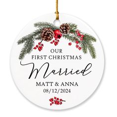 personalized christmas ornament with pine cones and berries