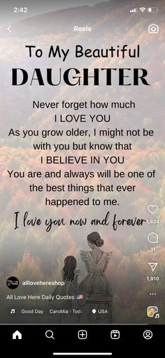 an image of a woman and man in the woods with text that reads to my beautiful daughter never forget how much i love you