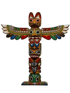 a totema made out of wood and painted with colorful designs on the wings