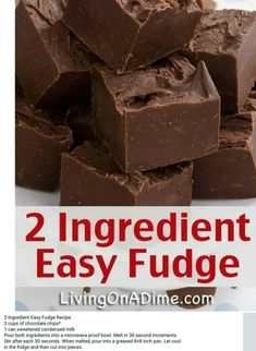 two ingredient easy fudge recipe on a white plate with text overlay that reads, 2 ingredient easy fudge