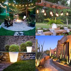 several pictures of outdoor lighting and landscaping