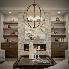 a living room filled with furniture and a fire place in the middle of it's wall