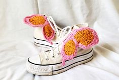 Hand crocheted butterfly wings for shoes, skates and high tops.  The wings measure 7" X 3" and are crocheted of pink acrylic and orange cotton yarn. Please feel free to ask any questions and thanks for looking. Wings For Shoes, Crocheted Butterfly, Butterfly Shoe, Butterfly Shoes, Crochet Butterfly, Orange Shoes, Pink Acrylic, Pink Acrylics, Crochet Shoes