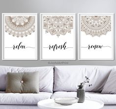 three wall art prints with the words relax, refresh and relish on them