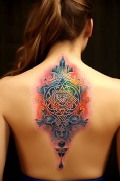 the back of a woman's neck with an intricate tattoo design on her shoulder