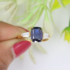 2.00 CT Cushion Cut Blue Sapphire Gemstone Ring Gift For Wife, Three Stone Engagement Ring, Moissanite Baguette Diamond Ring unique gift, Art Deco ring, sapphire ring, blue sapphire ring, sapphire jewelry, blue stone ring, blue gemstone ring, rings for women, with diamond accents, cushion cut ring, engagement ring, princess cut ring, cushion cut sapphire ✶ 𝐌𝐚𝐢𝐧 𝐒𝐭𝐨𝐧𝐞 𝐃𝐞𝐭𝐚𝐢𝐥𝐬 ✶ ⏩ Stone Type : ➡ Sapphire Gemstone ⏩ Stone Shape : ➡ Cushion ⏩ Stone Size  : ➡ 9.00 x 7.00 x 4.00 MM ⏩ S Baguette, Ring Saphir, Ring Blue Sapphire, Engagement Ring Moissanite, Saphir Ring, Blue Gemstone Rings, Blue Sapphire Gemstone, Ring Cushion, Three Stone Engagement Ring