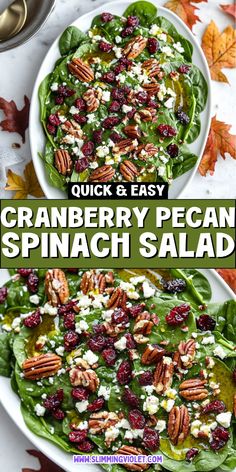 cranberry pecan spinach salad in a white bowl