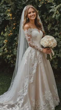 a woman in a wedding dress holding a bouquet and posing for the camera with her veil over her shoulder