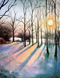 watercolor painting of trees and the sun shining through them on a snowy day in winter