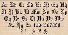 an old english alphabet with the letters and numbers in black ink on parchment paper,