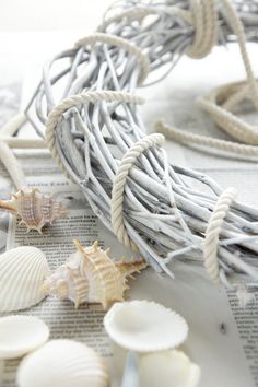 seashells and seaweed are laying on top of a news paper with rope