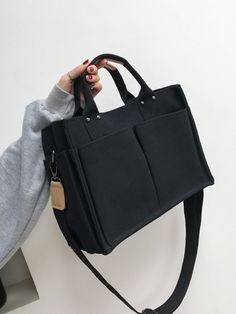 Black Unisex Collar  Fabric Plain Top Handle Bag Embellished   Women Bags Sac Tote Bag, Big Handbags, Sac Diy, Simple Tote, Pocket Handbag, Travel Tote Bag, Cute Bags