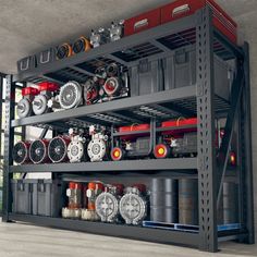 a large metal rack filled with lots of different types of tools and containers on top of each other