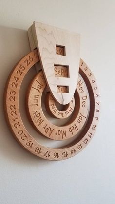 three wooden circles with numbers on them hanging from the wall