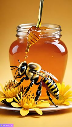 two bees on a plate next to a honey dipper and flower with yellow background