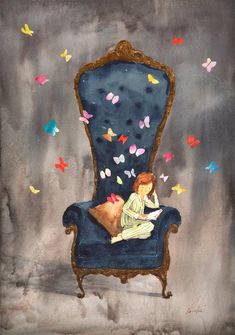 a painting of a woman sitting on a blue chair with butterflies coming out of it